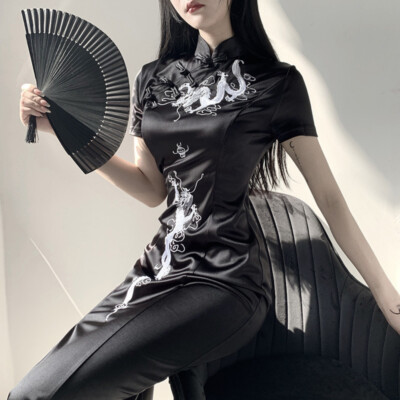 Lady Girl Chinese Cheongsam Qipao Dress Dragon Faux Silk Satin Long Retro Ethnic