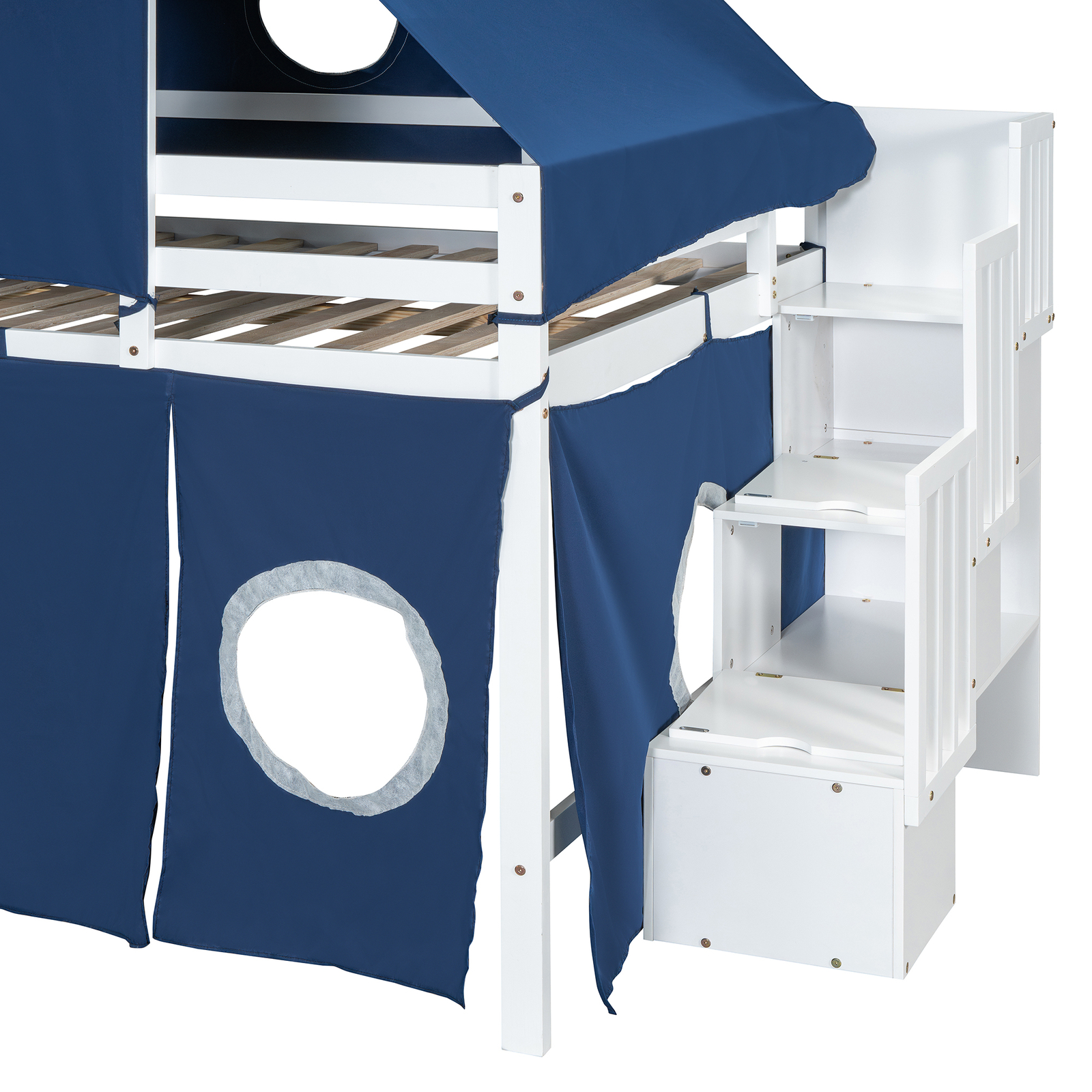 Full Size Loft Bed Frame with Tent Slide and Staircase For Kids Boys Blue