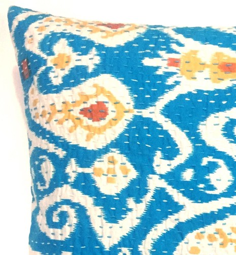 16" Turquoise Blue Ikat Kantha Embroidered Cushion Cover Sofa Couch Pillow Throw - Picture 3 of 4