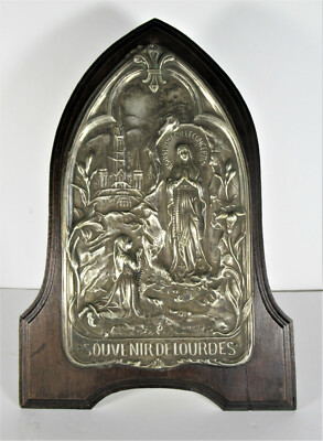 Large Antique 1900's Silver-Plate & Wood Lourdes Plaque Music Box