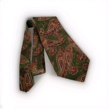 Vtg Aquascutum Silk Necktie Tie USA Made Graphic Paisley Red Sage Tan