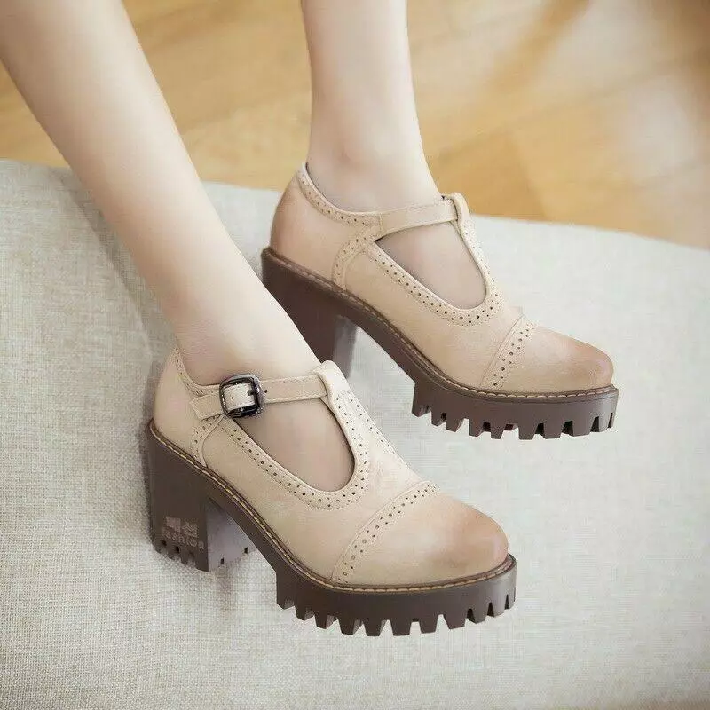 Vintage Pointy Toe T strap Buckle Brogues Chunky Heel Womens Oxfords Shoes 0629