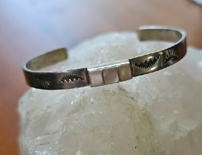 Vintage Sterling Silver MOP Cuff Bracelet Signed Cathy AB Sterling 
