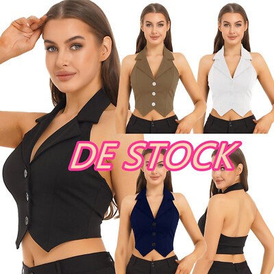 DE*ranrann Damen Neckholder Crop Top Weste Button Down Camisole Anzugweste