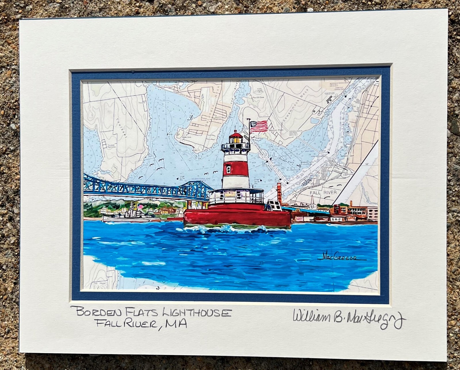 BORDEN FLATS LIGHTHOUSE art print Fall River MA Harbor Battleship Cove map gift-image