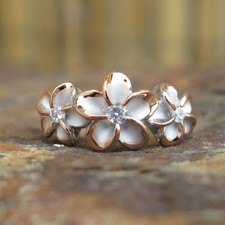 Hawaiian Silver Rhodium Gold Three Plumeria Flowers CZ Wedding Ring Band SR2076