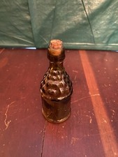 Vtg Amber Glass Apothecary Bottle Small Brown W/Grapes Pattern Cork Stopper