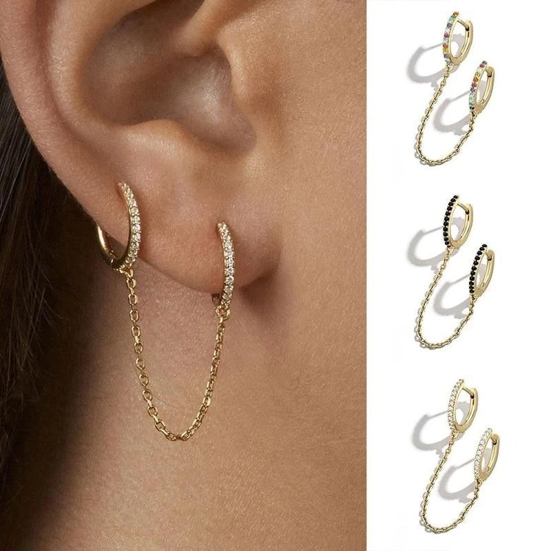 Rhinestone Chain Earrings Two Hole Piercing Earring Ear Buckle Ear Ring 1PC