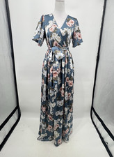 Baltic Born Womens Satin Floral Maxi Dress Sicily Blue Sz M Floral Romantic Slit