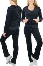 Women  s Velour Tracksuit Zip Up Hoodie Jacket  Matching Pants Set - Black - L