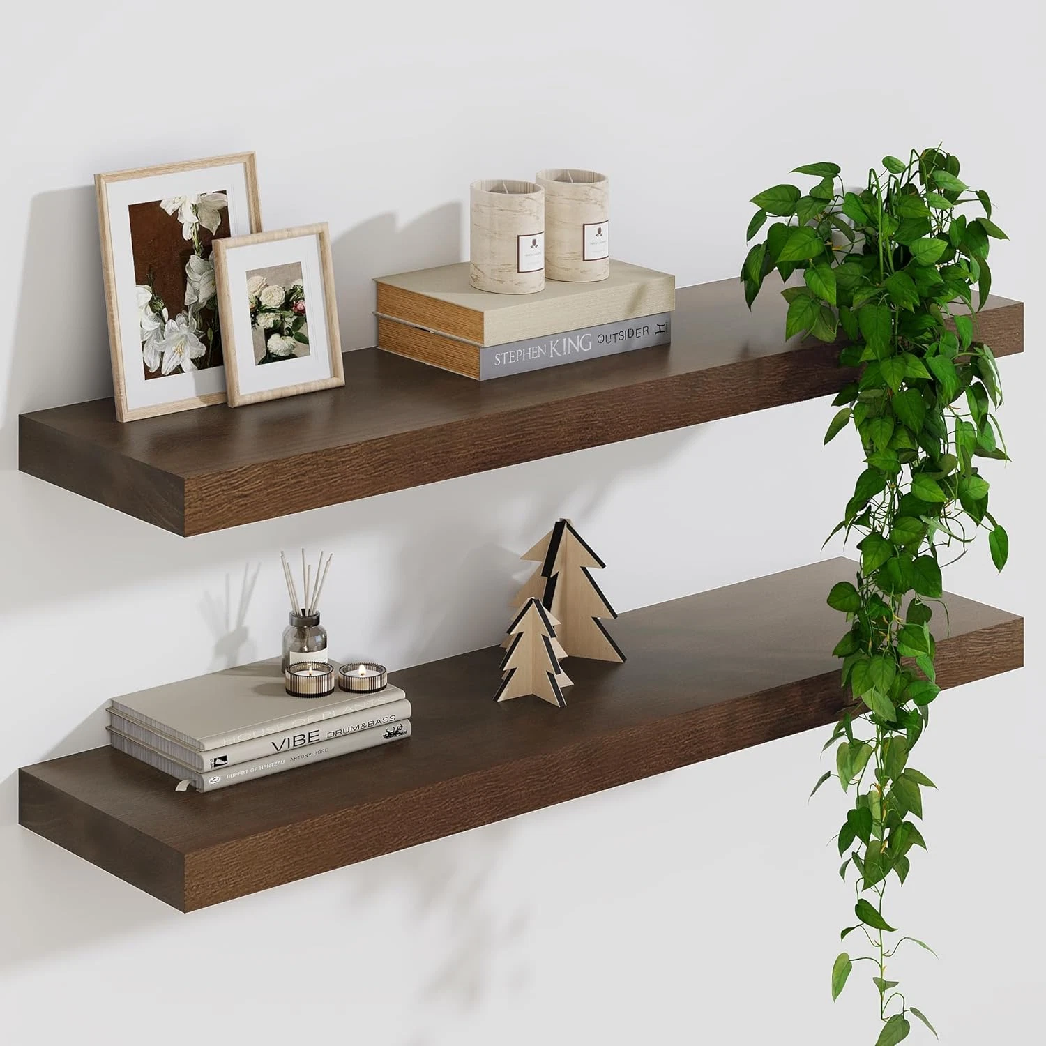 Walnut Solid Wood Floating Shelves, Set of 2, 24”x9” for Home Decor