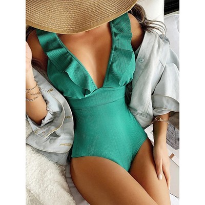 Damen Badeanzug Einteilig Push-up Rüschen für Strand Sommer