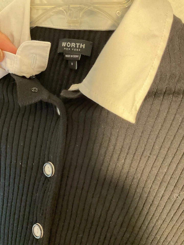 Worth 女士开衫毛衣小号黑色白色纽扣领胶囊罗纹 — 第 3/4 张图片