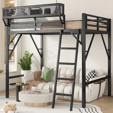 Full Size Loft Bed with Ladder, Metal Full Loft Bed with Storage Shelves Black