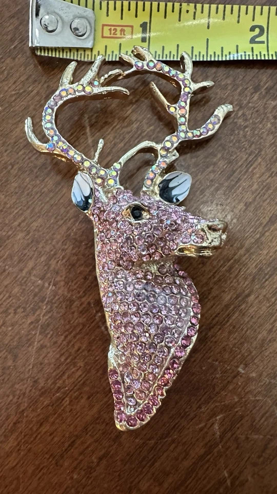 Broche Insignia Prendedor Insignia Cabeza de Ciervo Grande Rosa Cristal Esmaltado Estilo Art Deco Regalo Foto 2 de 4