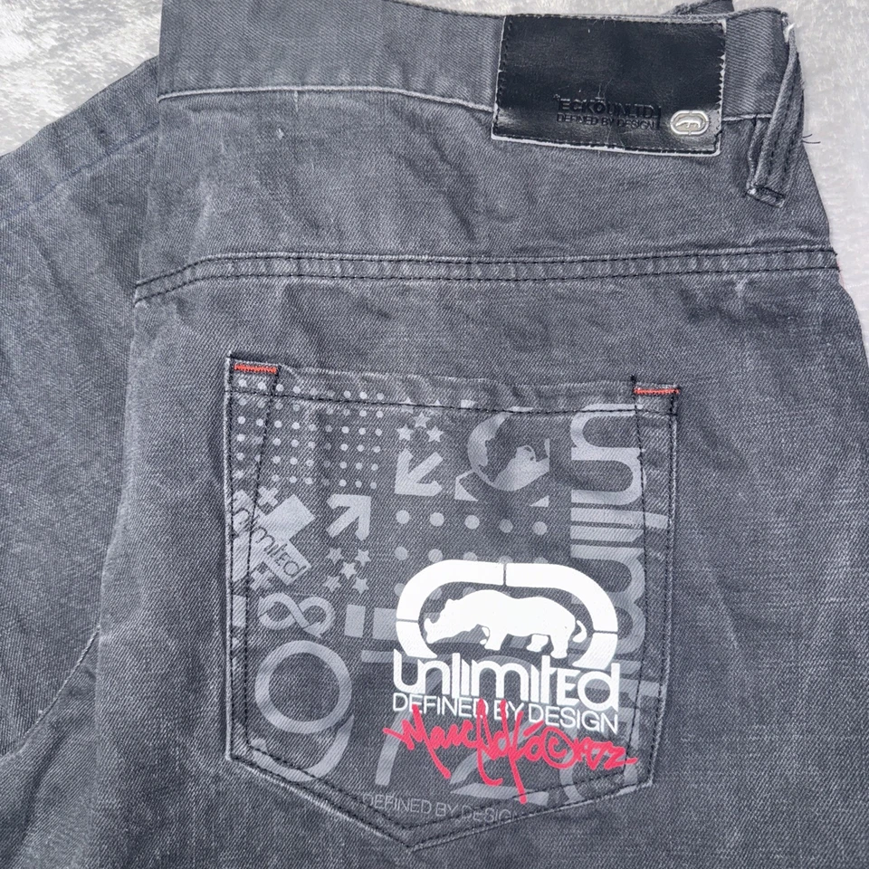 Marc Ecko Unltd. Jeans negros holgados para hombre 44 X28 RARO bordado firma Foto 2 de 4