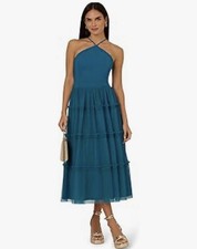 Adrianna Papell Knit and Mesh Halter Dress Women's Size 6 Peacock Blue NWT $245