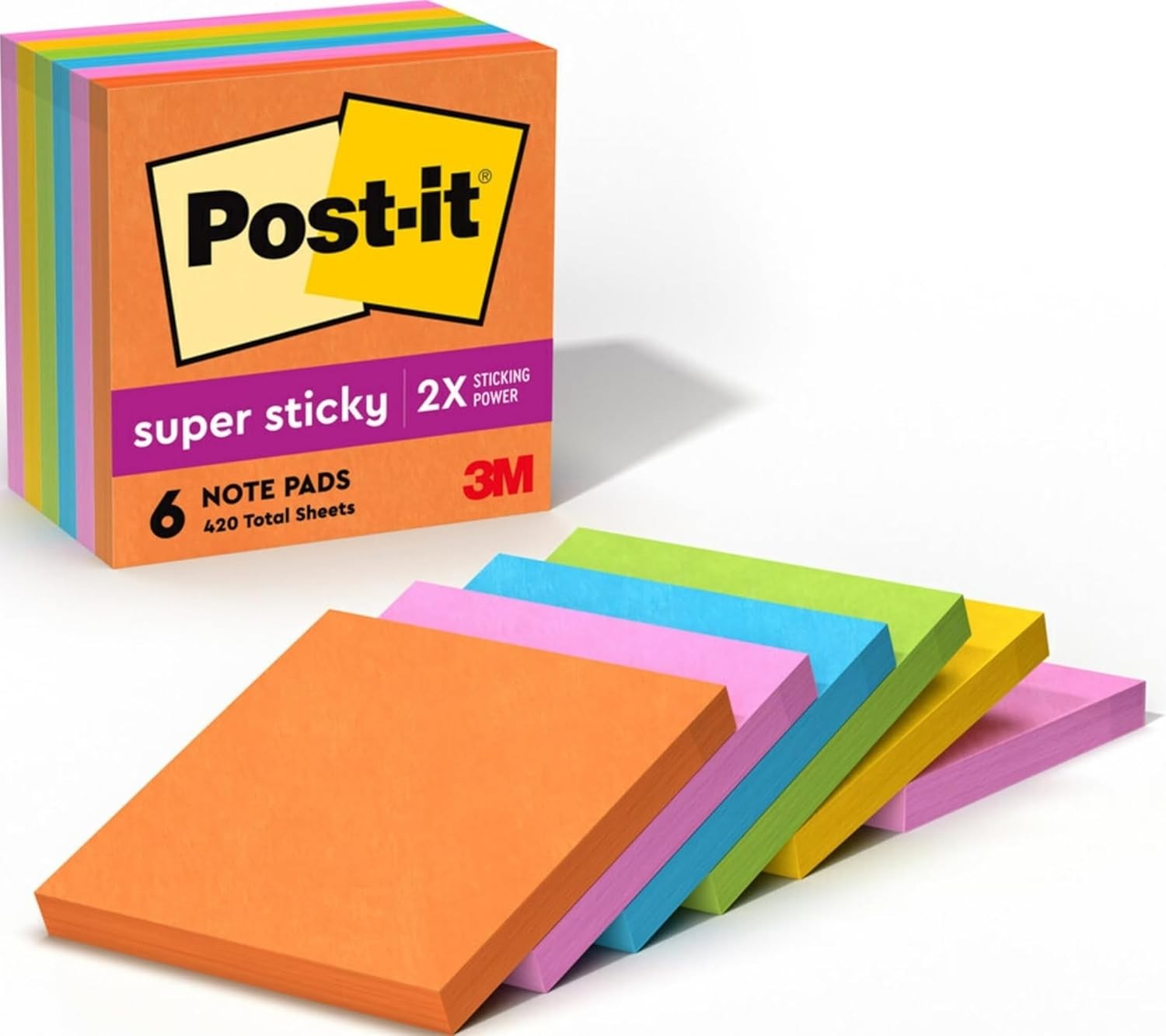 Post-it Super Sticky Full Stick Notes, 3 in X 3 In, 6 Pads, 2x the Sticking Powe