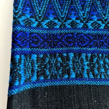 VTG tablecloth rectangle 44" x 33.5" black linen linear blue ornament Embroid