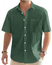 Men's Cotton Linen Short Sleeve Button Down Shirt Breathable Casual Lightweight