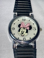 Disney Minnie Mouse Fashion Watch Silver Tone Case Black Plastic Sport Band