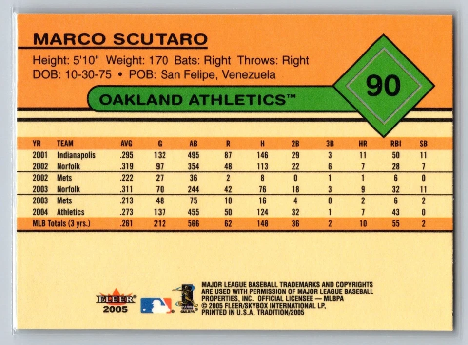 Tarjeta de béisbol Fleer Tradition 2005 - Marco Scutaro #90 Oakland Athletics MLB Foto 2 de 2