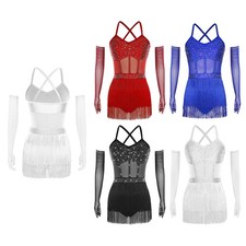 Womens Dancewear Nightclub Dress Tassel Bodysuit Cocktail Latin Shiny Dance