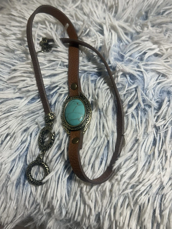 Premier Designs Wrap Bracelet Desert Diva Turquoise Brass 1.5" Cabochon Leather - Image 2 of 4