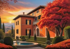 Realistic Landscape Italian Village at Dusk Canvas Wall Art 40x28" (102x71cm)