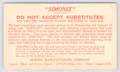 #ad 1922 Simoniz Postcard Chicago IL Auto Polish Advertising Simons Manufacturing $19.95