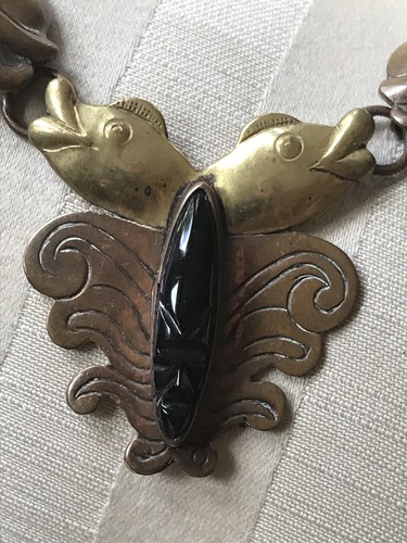 Spectacular MEXICAN MODERNIST Mixed Metal Onyx Dolphin Necklace 1920’s-30’s - Picture 6 of 12