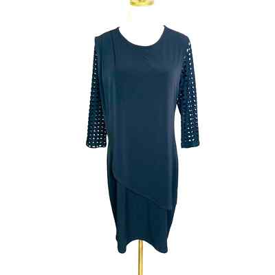 clara jersey dress Sun Woo Black Stretch MEDIUM Asymmetrical Layer Cocktail M Midi dress