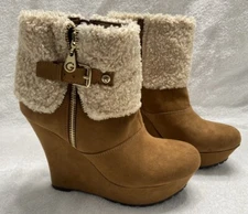 "G" by Guess Tan Suede Zip Up Faux Fur Wedge Booties  Women's Size 8.5m