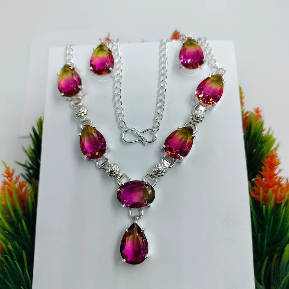 Watermelon Tourmaline Gemstone Silver Plated Earrings Necklace Jewelry Set - Image 3 of 3