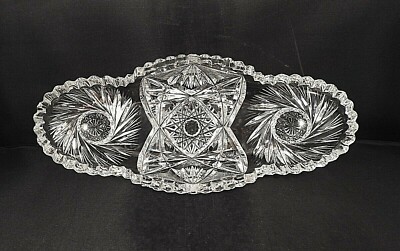 American Brilliant Cut Glass Cross Hatching Raised Hobnail Celery Dish