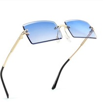 Men Vintage Rimless Small Rectangular Gold Frame Dark Blue Lens Tint Sunglasses