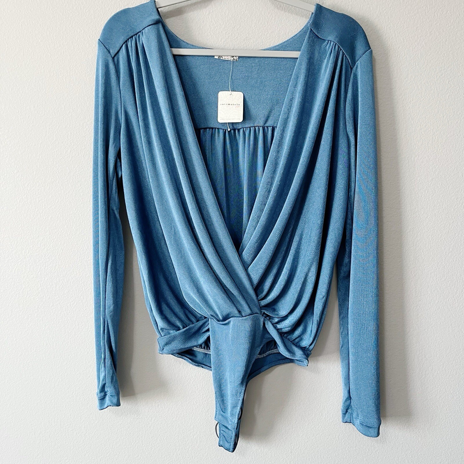 Intimately Free People Blue Turnt Sheen Faux Wrap Long Sleeve Bodysuit Sz Large