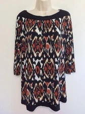 Creative design works  Tunic Top  Black Senna White Aztec Pleated 3/4 Sleeve
