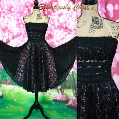 Vtg Black PINK Pleated PROM Party Lace dress Betsey Johnson Evening Swing 6  8 M | eBay