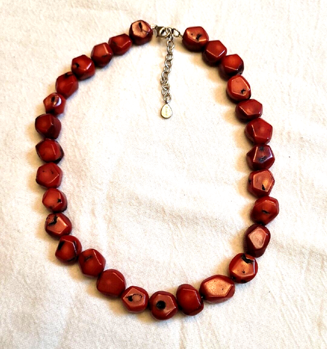 Barse 925 Chunky Carved Red Coral Beaded Necklace 15" - 17" Adj