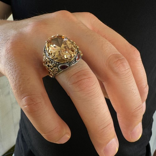 925 Sterling Silver Orange Citrine Stone Turkish Handmade Men's Ring Tree Life - Picture 3 of 5