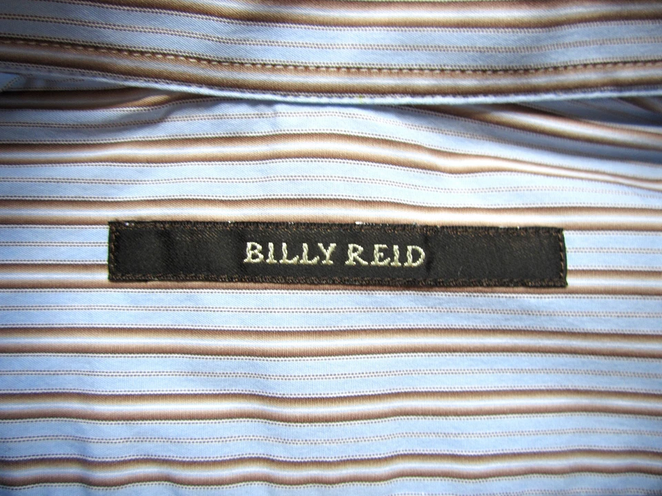 $185 BILLY REID TAN STRIPE ON LT BLUE COTTON DRESS SHIRT ITALY 16 1/4 X 35 - Image 2 of 4