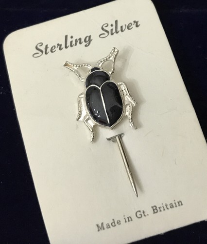 Vintage Sterling Silver 925 Black Bug Beetle Enamel Lapel Pin Stickpin Stick Pin - Picture 4 of 6