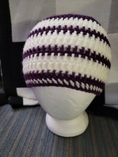 Unisex Crochet Beanie Dk Purple w/White Stripes Soft Stretchy. USA Made.