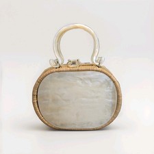Vintage Tropical White Tan Wicker Pearlized Lucite Basket Purse
