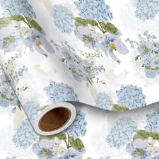 Floral wrapping paper roll, blue hydrangea flowers party gift wrap for
