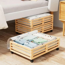 Bamboo under Bed Storage Containers- Underbed Organizer with Wheels with Large C