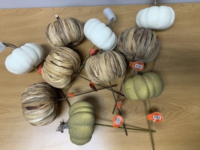 Hobby Lobby Pumpkin Picks Lot of 10 Fall Decor Floral Stems White Green Raffia