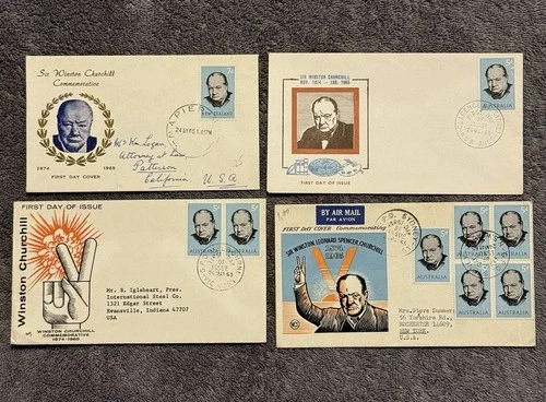 1965 Churchill FDC Lot (4) — Australia 5d (pair & block of 6) + NZ 7d