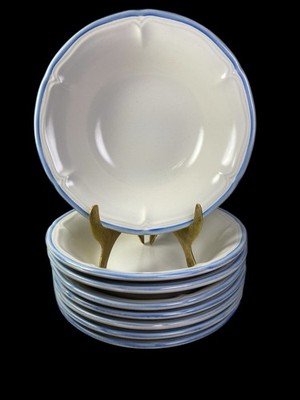 Set of 8 The Cellar Odette Cereal Soup Bowls 6.75'' White Blue Rim Stoneware
